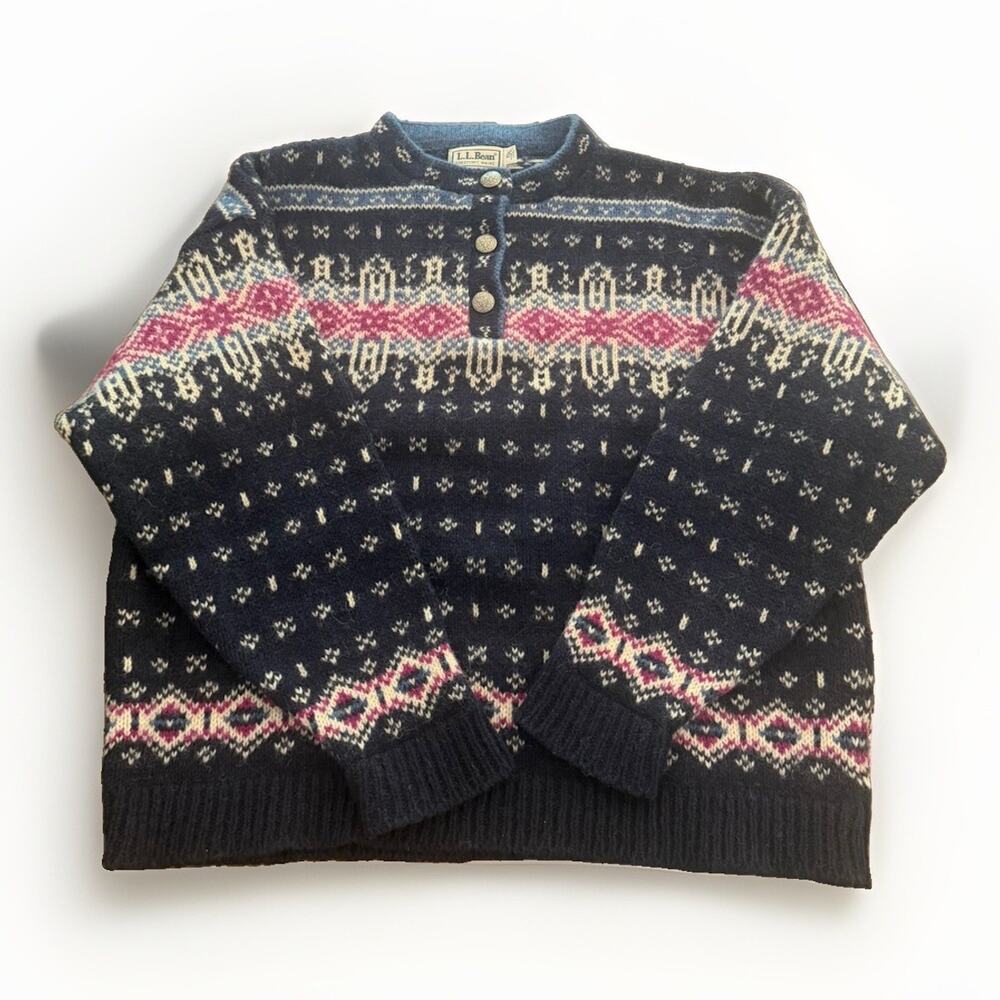 Vintage LL BEAN Sweater Size XL Blue Fair Isle Nordic Chunky Knit Wool 3836